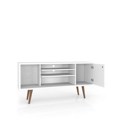 Smart Storage TV Stand with solid wood legs in white finish; open shelves and side cabinet on Tampa Home & Garden Store