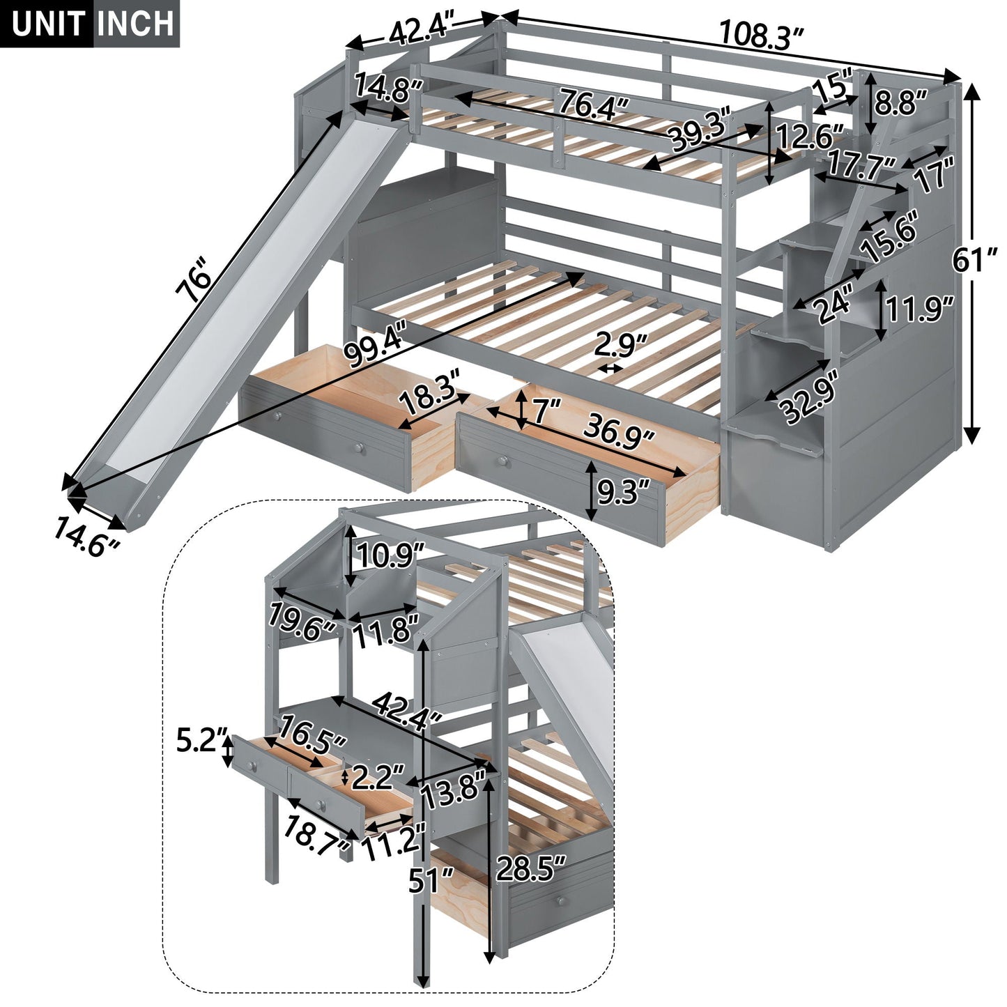 Bunk bed with storage staircase, slide, desk, drawers and shelves in metal by HouseOfZazla on Tampa Home & Garden Store