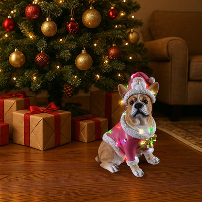 Christmas French Bulldog Statue by HouseOfZazla in pink Santa suit with white fur trim on Tampa Home & Garden Store