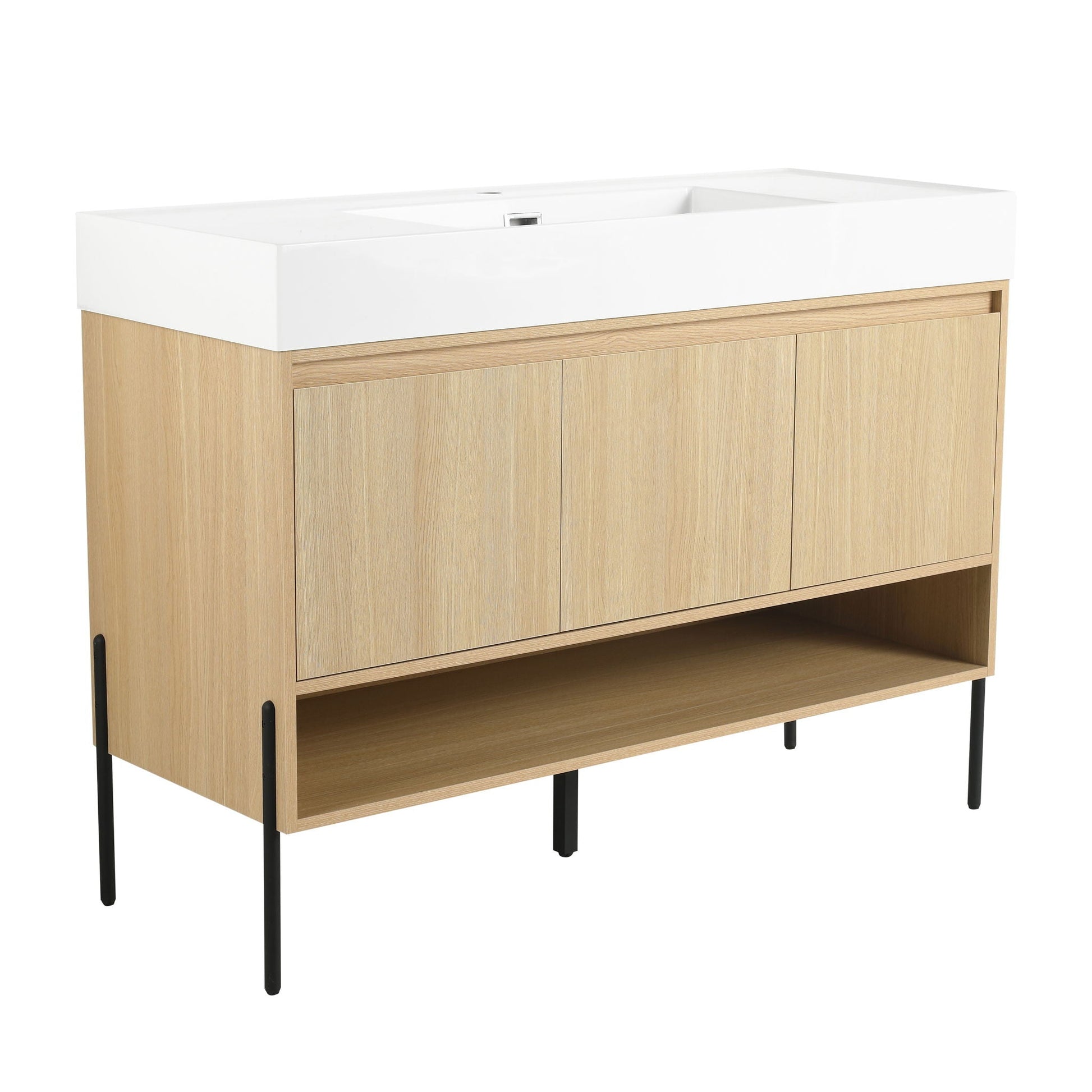 Modern bathroom vanity with single resin sink atop oak storage cabinet with open shelf on Tampa Home & Garden Store