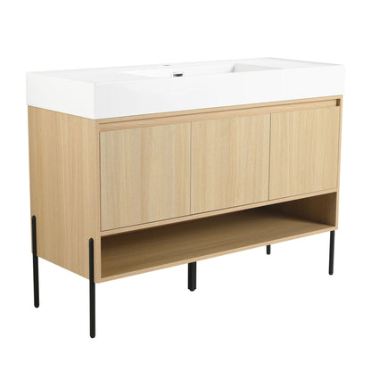 Modern bathroom vanity with single resin sink atop oak storage cabinet with open shelf on Tampa Home & Garden Store