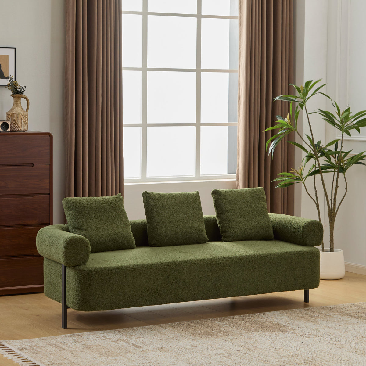 78-inch Modern 3-Seater Sofa in olive green textured fabric by HouseOfZazla on Tampa Home & Garden Store