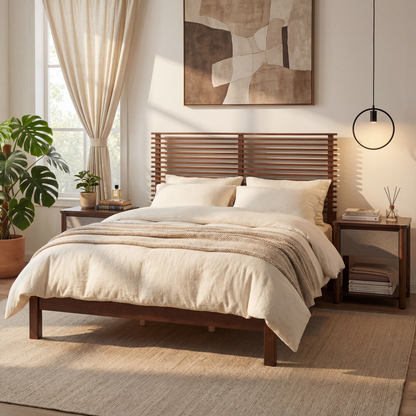 King Bed Frame with Walnut Headboard and Wood