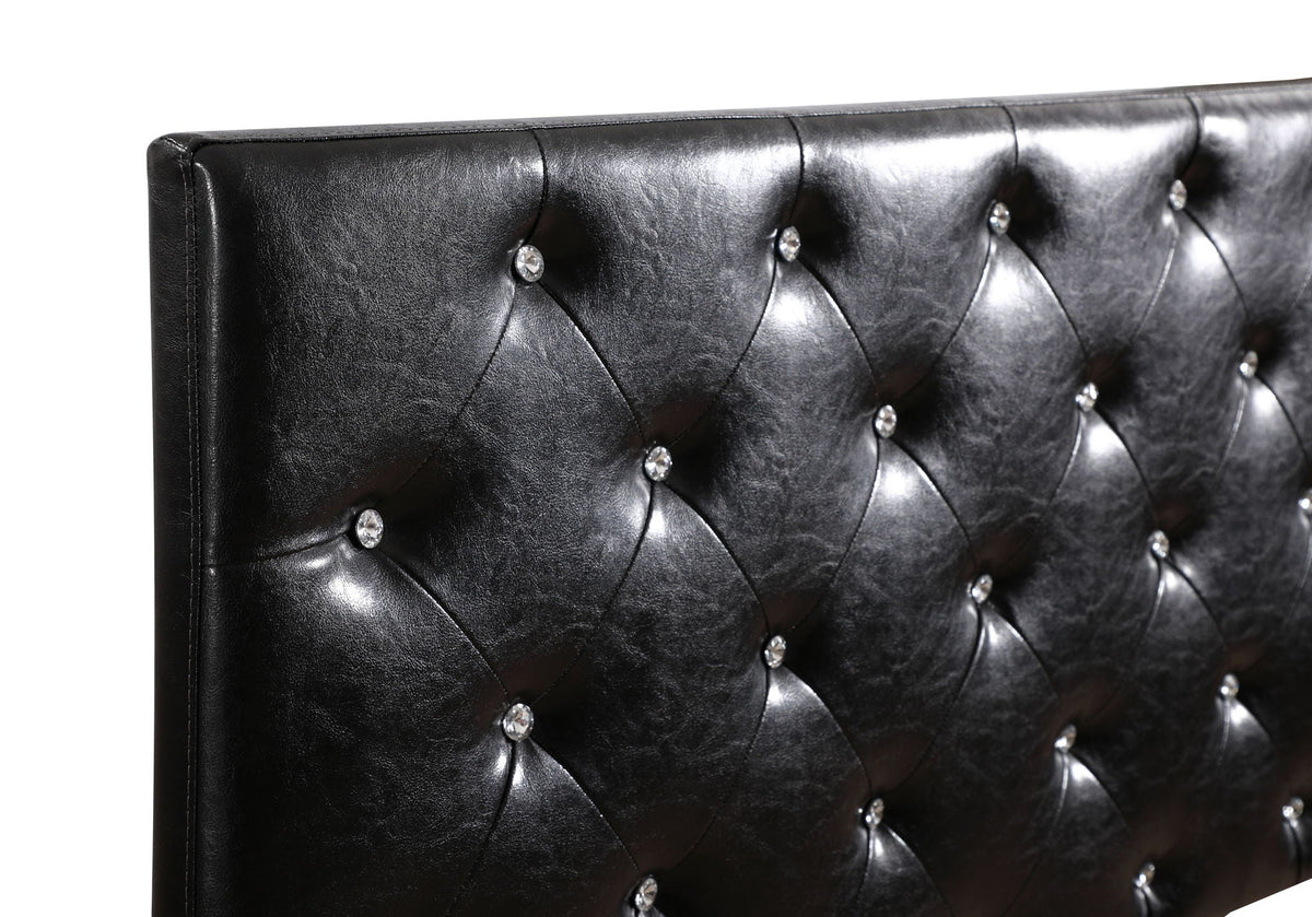 Upholstered headboard in black leather with diamond tufting and crystal buttons on Tampa Home & Garden Store