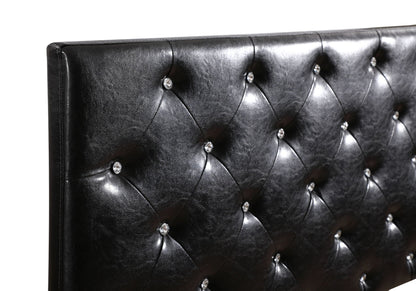 Upholstered headboard in black leather with diamond tufting and crystal buttons on Tampa Home & Garden Store