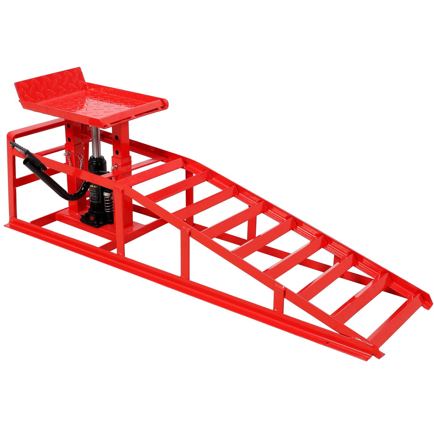 Auto Car Truck Service Ramp with Pedal, red 5-ton hydraulic lift with diamond-plate platform on Tampa Home & Garden Store