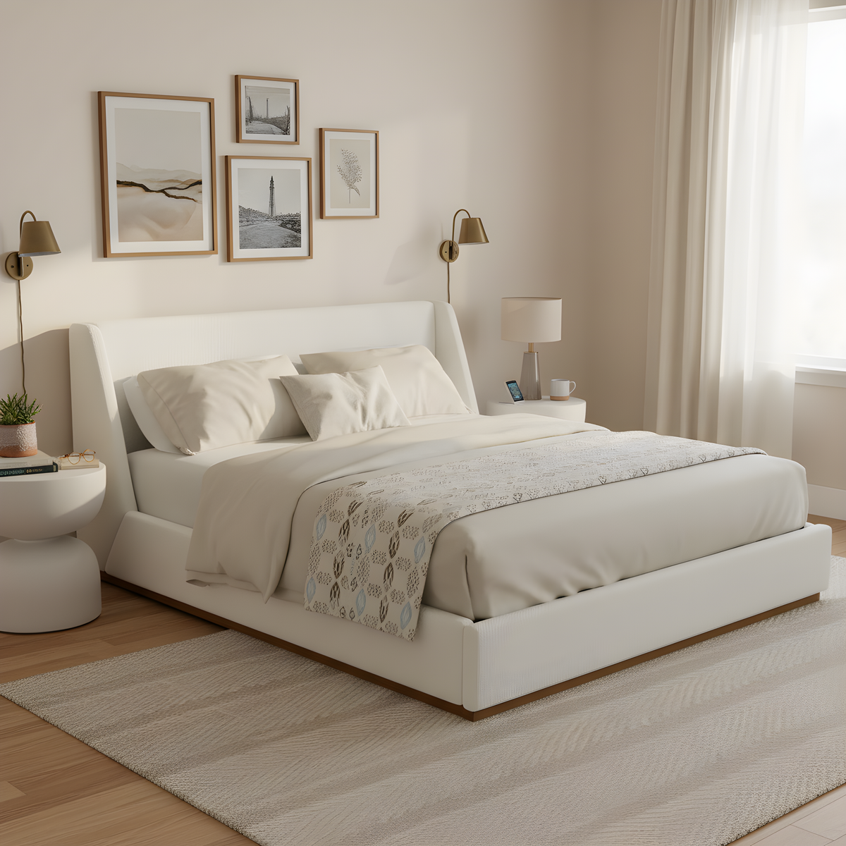 Luxury Upholstered Bed With Wings by HouseOfZazla in white fabric with winged headboard on Tampa Home & Garden Store