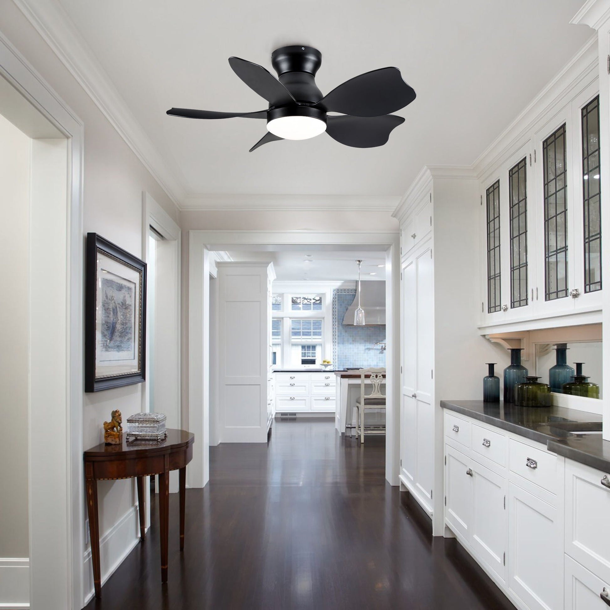 Low Profile Flush Mount Ceiling Fan With Light, black blades, white LED light on Tampa Home & Garden Store