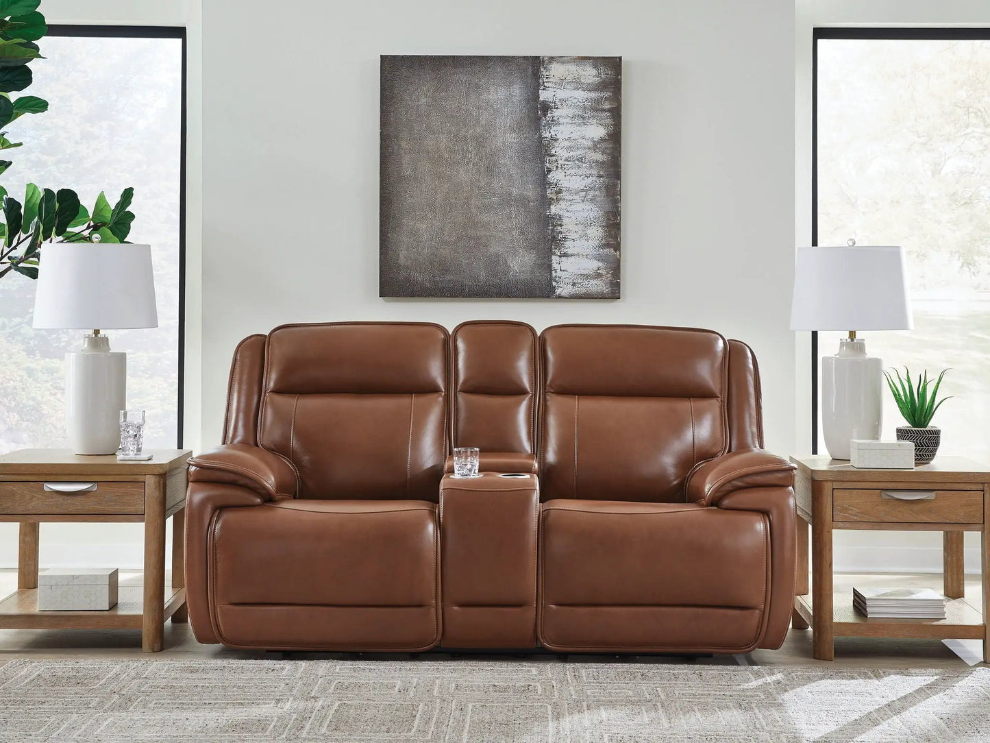 Healy Pier reclining sofa set by Unique Piece Furniture in brown leather with center console on Tampa Home & Garden Store