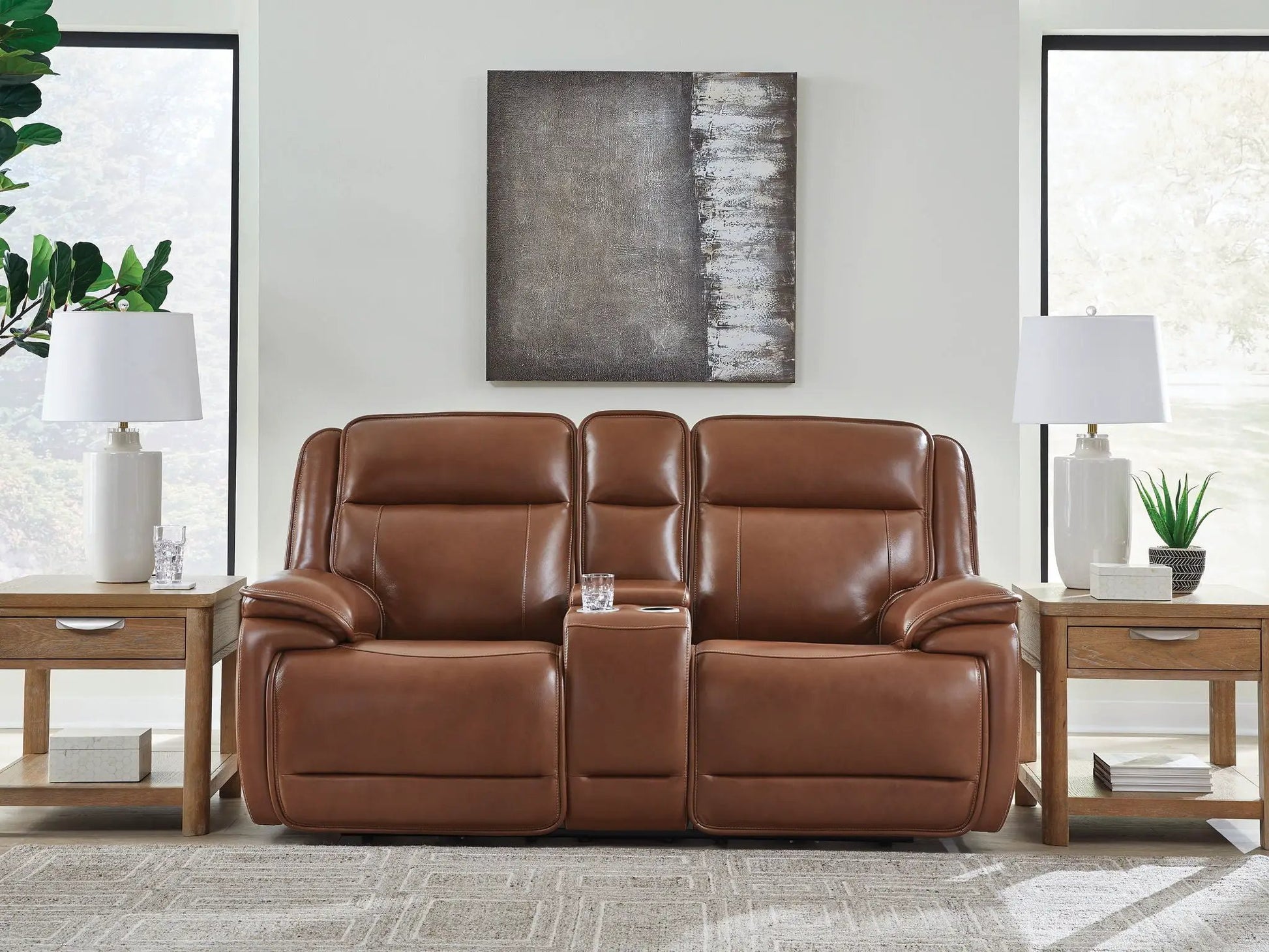 Healy Pier reclining sofa set by Unique Piece Furniture in brown leather with center console on Tampa Home & Garden Store