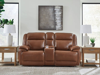Healy Pier reclining sofa set by Unique Piece Furniture in brown leather with center console on Tampa Home & Garden Store