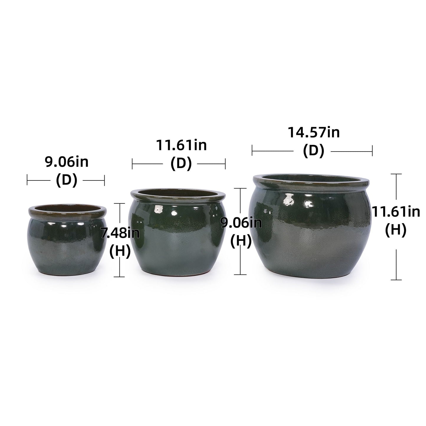 Three piece ceramic flowerpot planters in dark green glaze, small to large for patio or sill on Tampa Home & Garden Store
