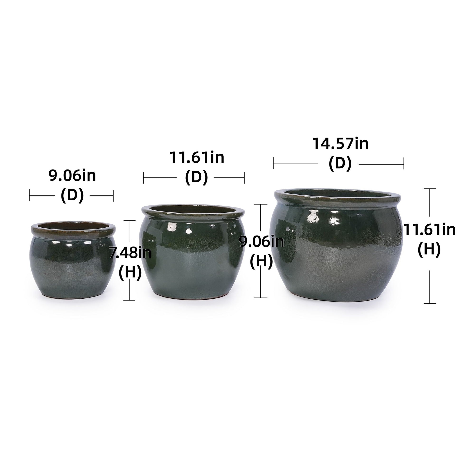 Three piece ceramic flowerpot planters in dark green glaze, small to large for patio or sill on Tampa Home & Garden Store