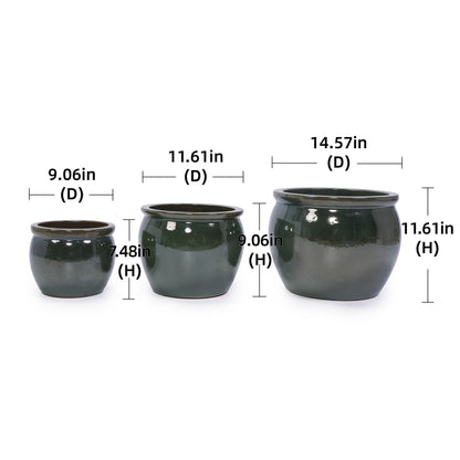 Three piece ceramic flowerpot planters in dark green glaze, small to large for patio or sill on Tampa Home & Garden Store