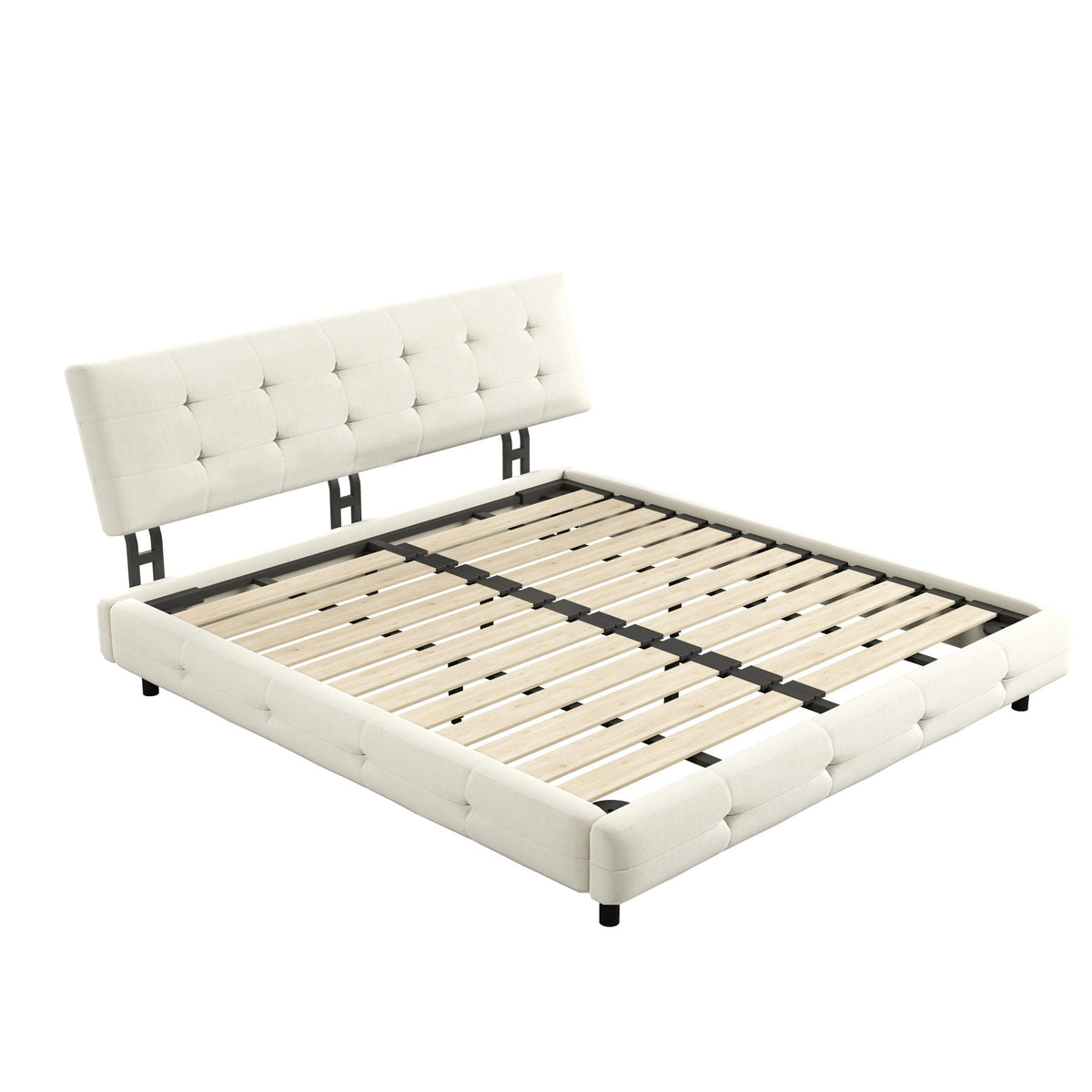 Upholstered bed with tufted white headboard and metal frame with wooden slats by HouseOfZazla on Tampa Home & Garden Store