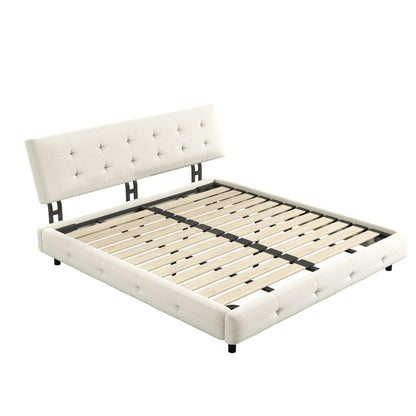 Upholstered bed with tufted white headboard and metal frame with wooden slats by HouseOfZazla on Tampa Home & Garden Store