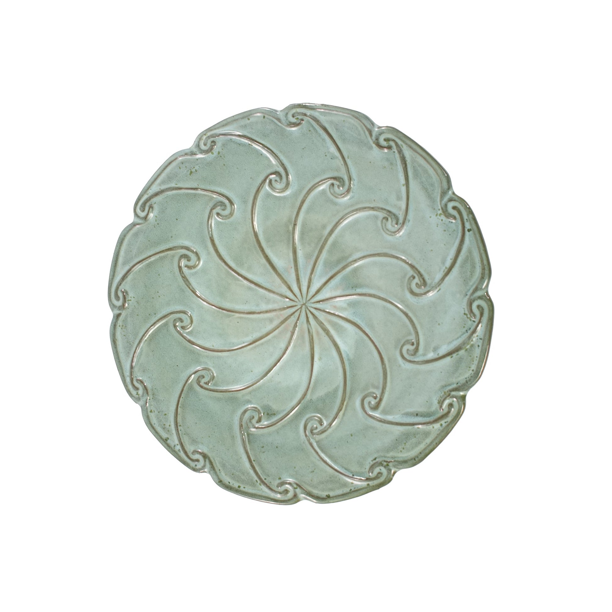 Handmade glazed ceramic bird bath saucer, teal celadon glaze with swirl relief, HouseOfZazla on Tampa Home & Garden Store