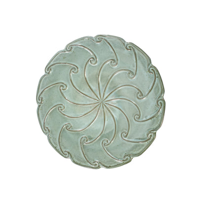 Handmade glazed ceramic bird bath saucer, teal celadon glaze with swirl relief, HouseOfZazla on Tampa Home & Garden Store