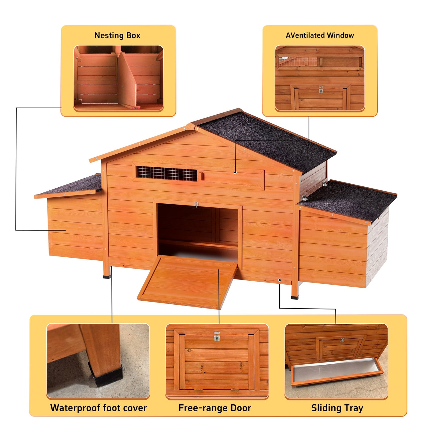 Large Wooden Chicken Coop with 2 Nesting Boxes