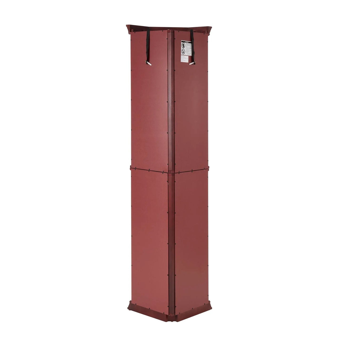 Corner curio cabinet packaging panels in red finish with hanging straps on Tampa Home & Garden Store