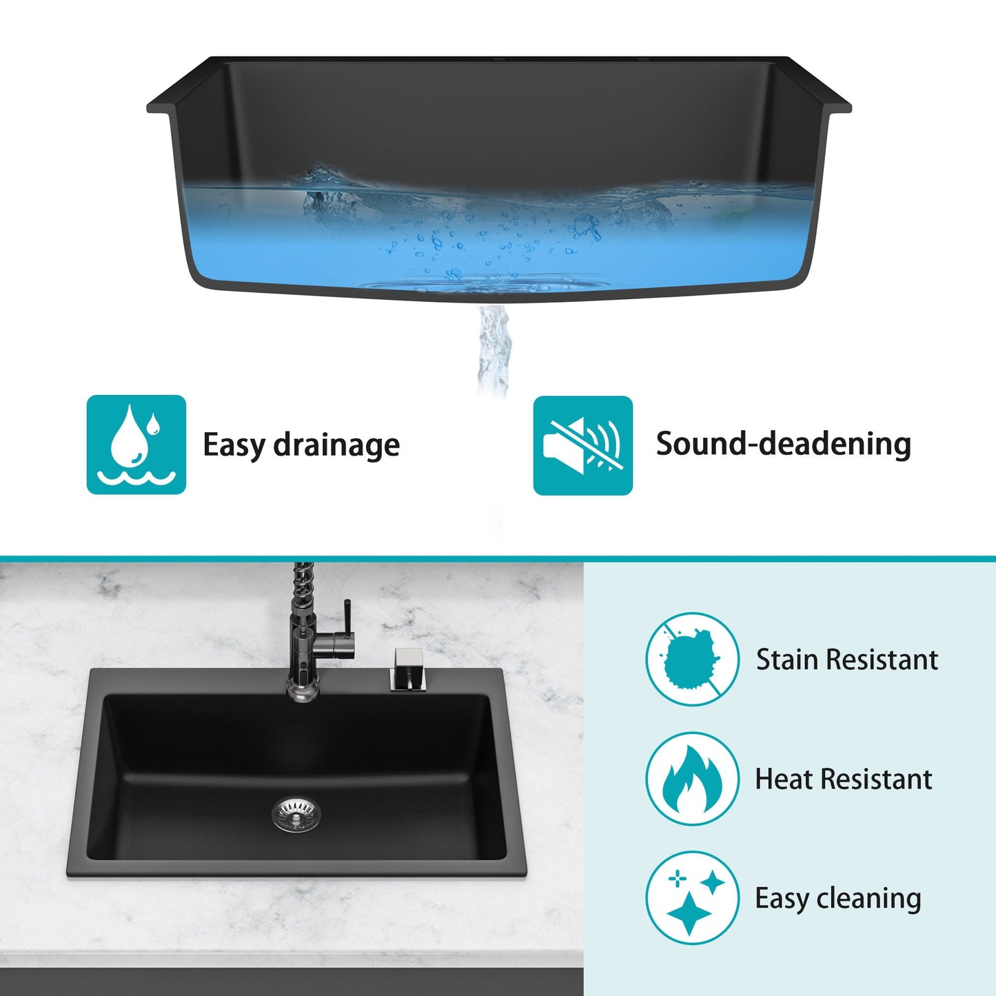 Black Quartz Composite Drop In Kitchen Sink