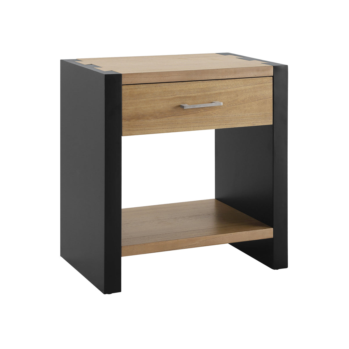 Wood nightstand with black frame and natural wood drawer front, silver handle, by HouseOfZazla on Tampa Home & Garden Store