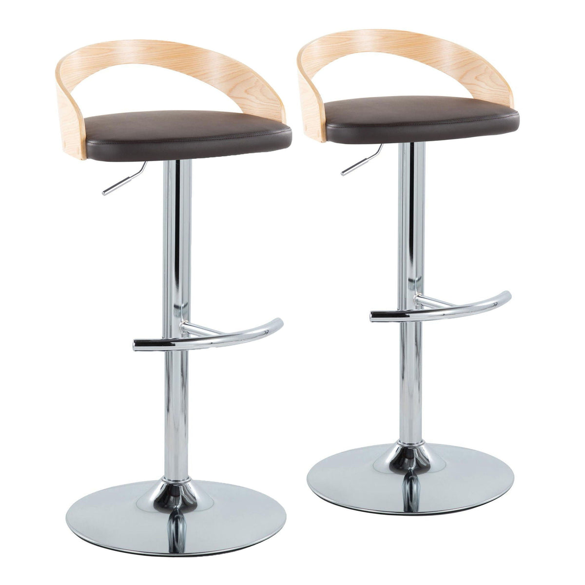 Contemporary adjustable barstool set with swivel, dark brown seats, chrome pedestals, pair on Tampa Home & Garden Store
