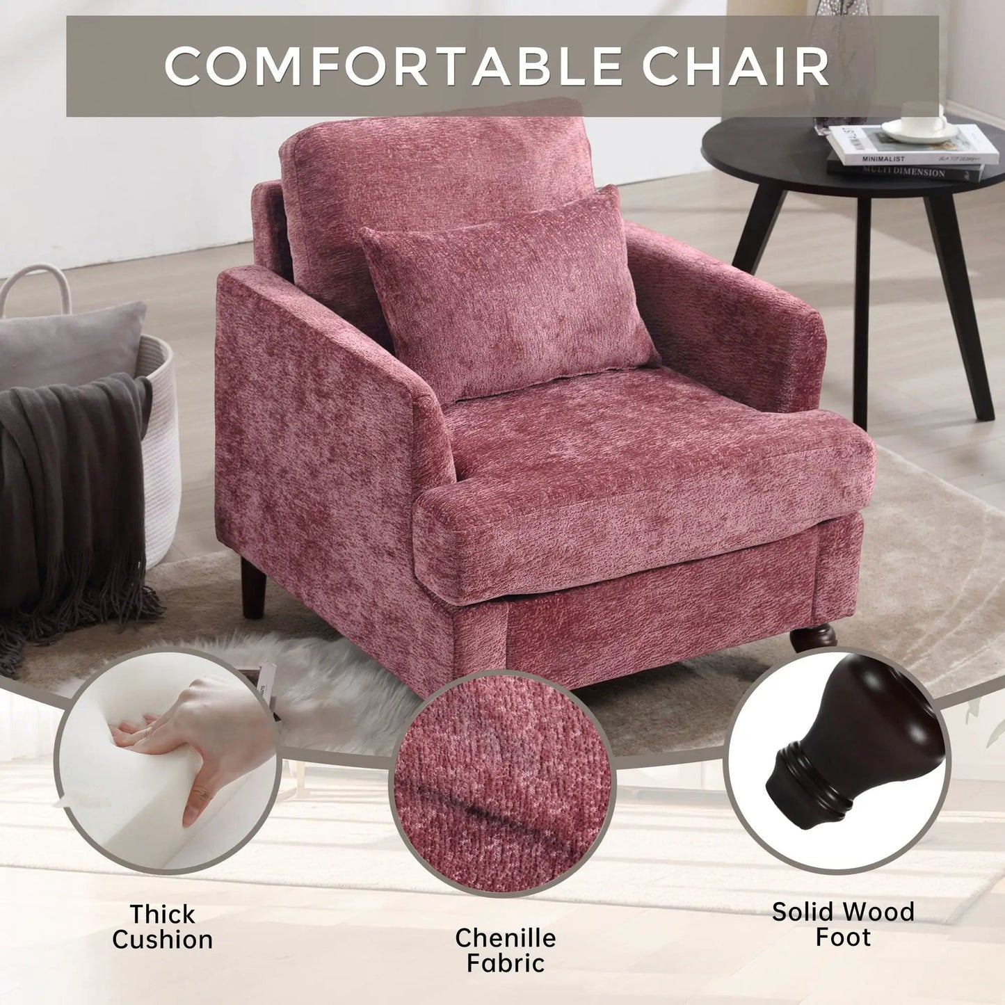 Modern mid-century wood-frame armchair with tufted pink upholstery and thick cushion on Tampa Home & Garden Store