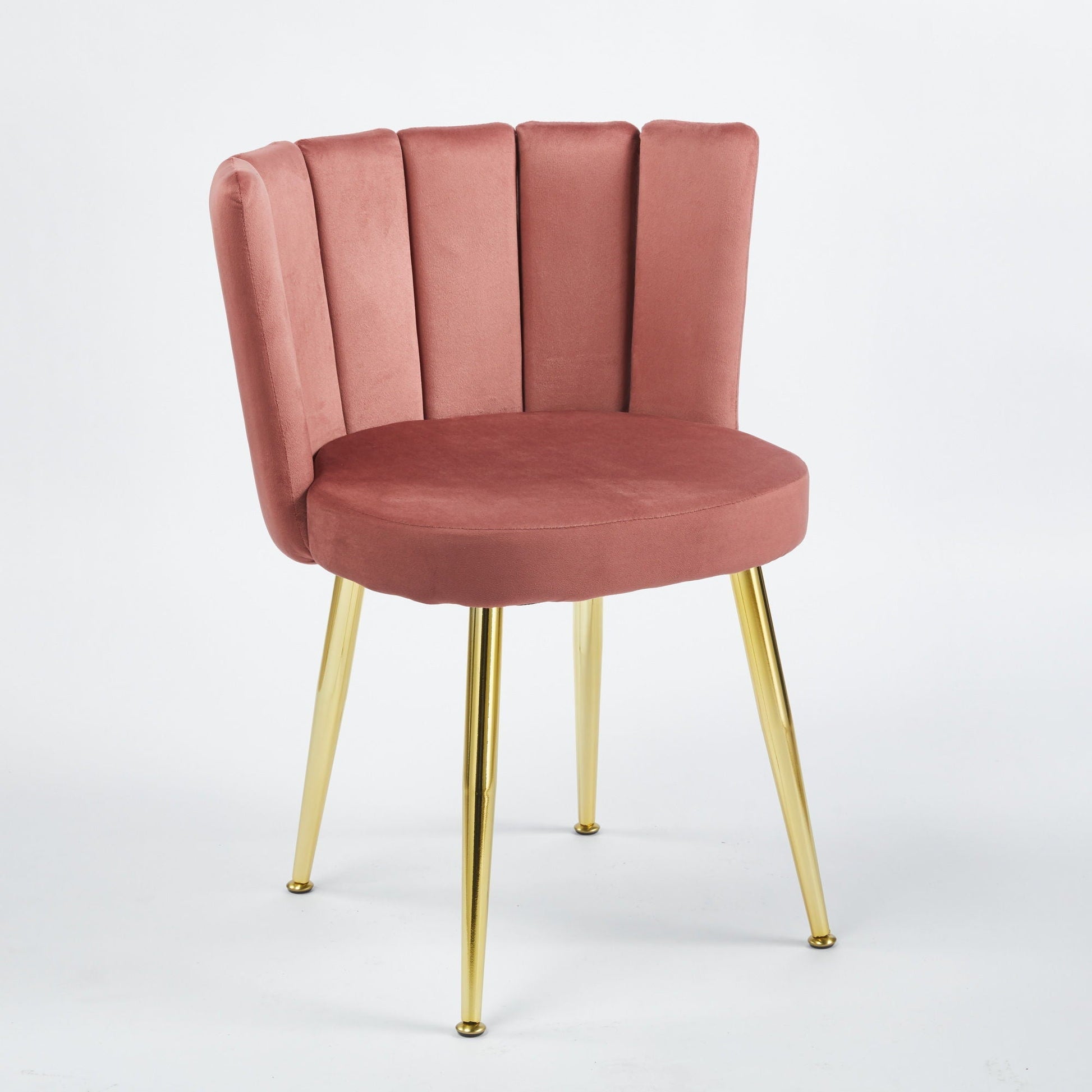 Ergonomic dining chair pink velvet upholstery with vertical channel back and gold legs on Tampa Home & Garden Store