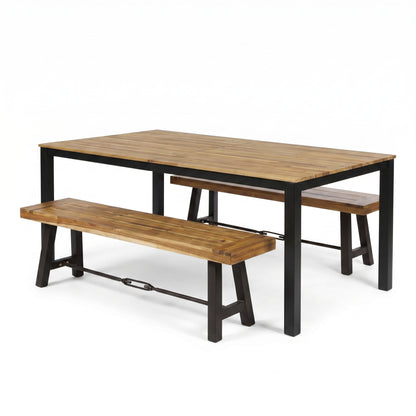 Outdoor Acacia Wood Dining Table and Two Benches