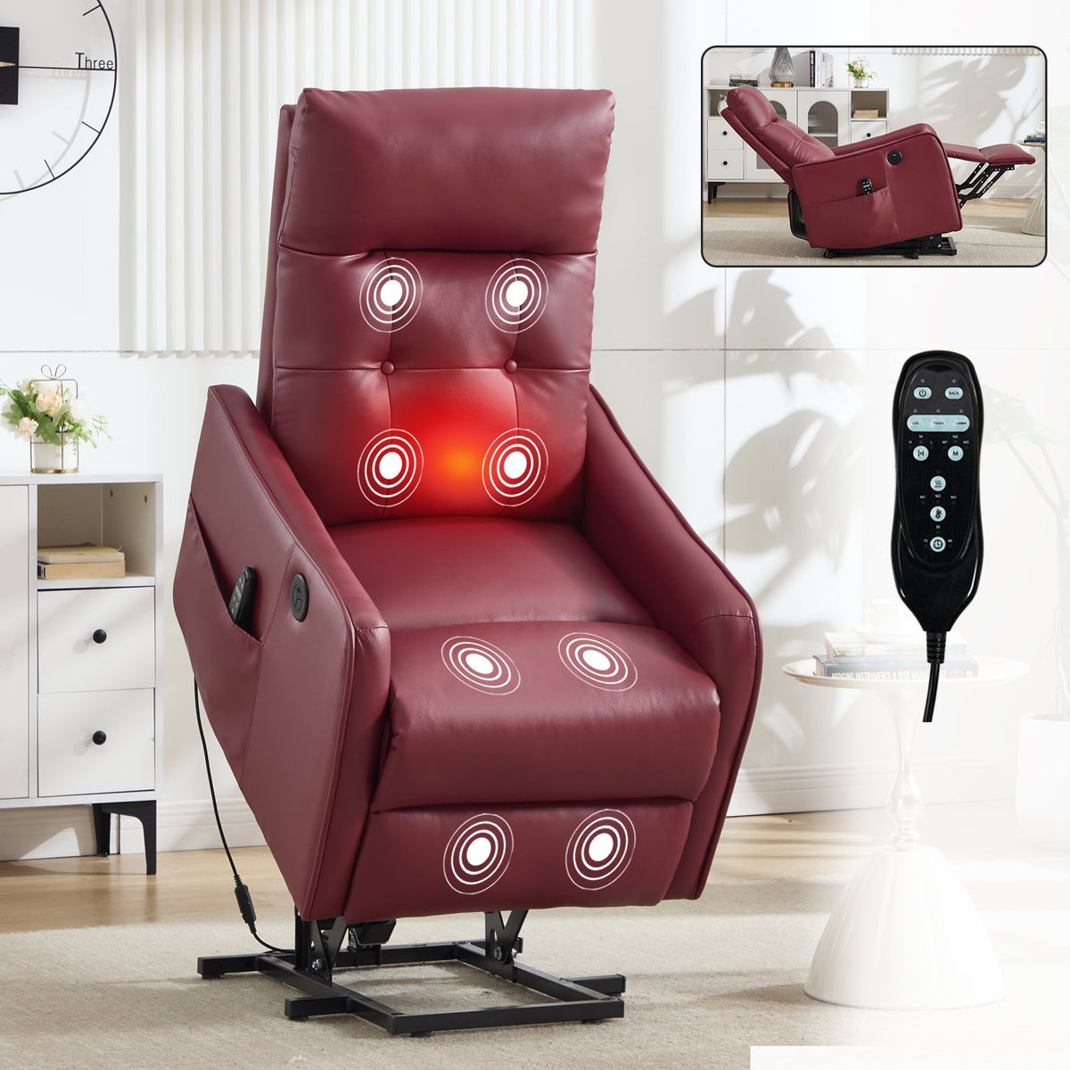 Comfortmax Single Motor Lift Recliner Chair burgundy leather with massage nodes and remote by HouseOfZazla on Tampa Home & Garden Store