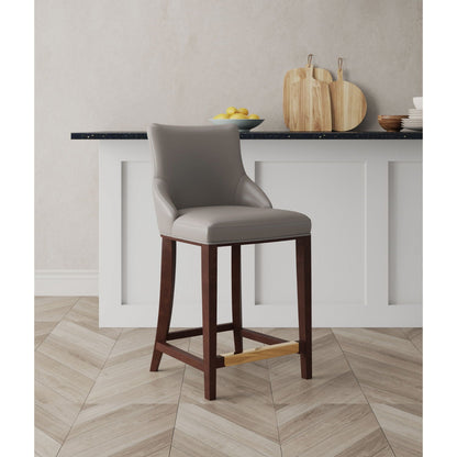 Shubert Counter Stool HouseOfZazla, taupe leather upholstery, dark wood legs, counter height on Tampa Home & Garden Store
