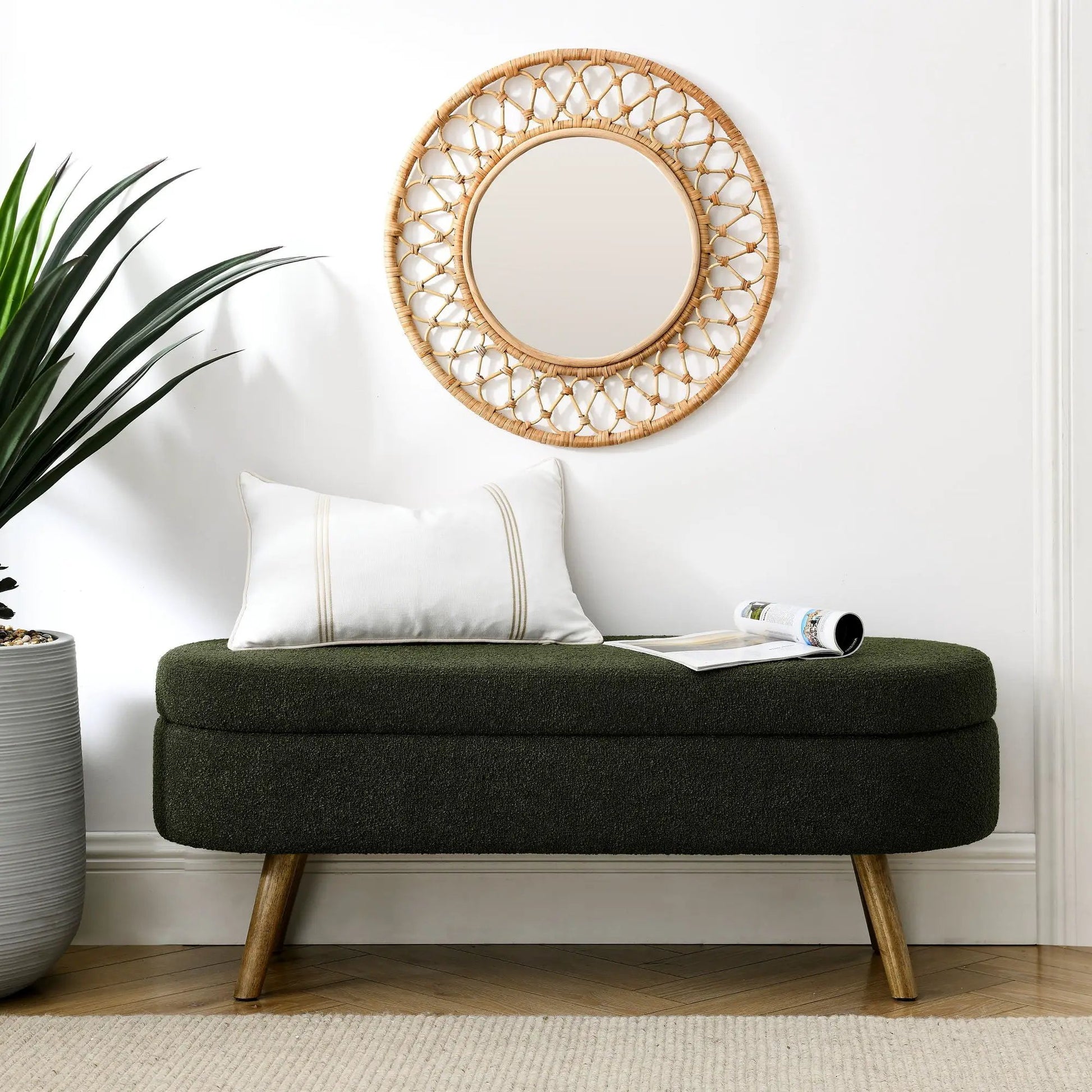 Ottoman Oval Storage Bench with dark green upholstery and rubber wood legs on Tampa Home & Garden Store