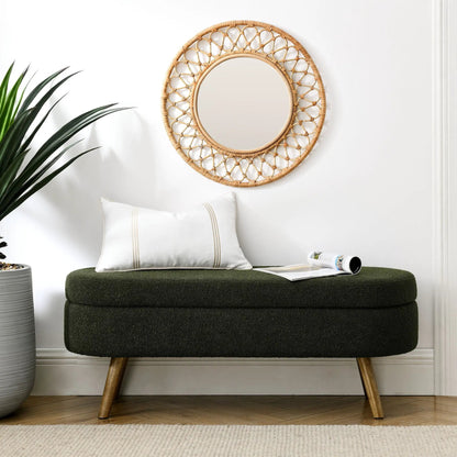 Ottoman Oval Storage Bench with dark green upholstery and rubber wood legs on Tampa Home & Garden Store
