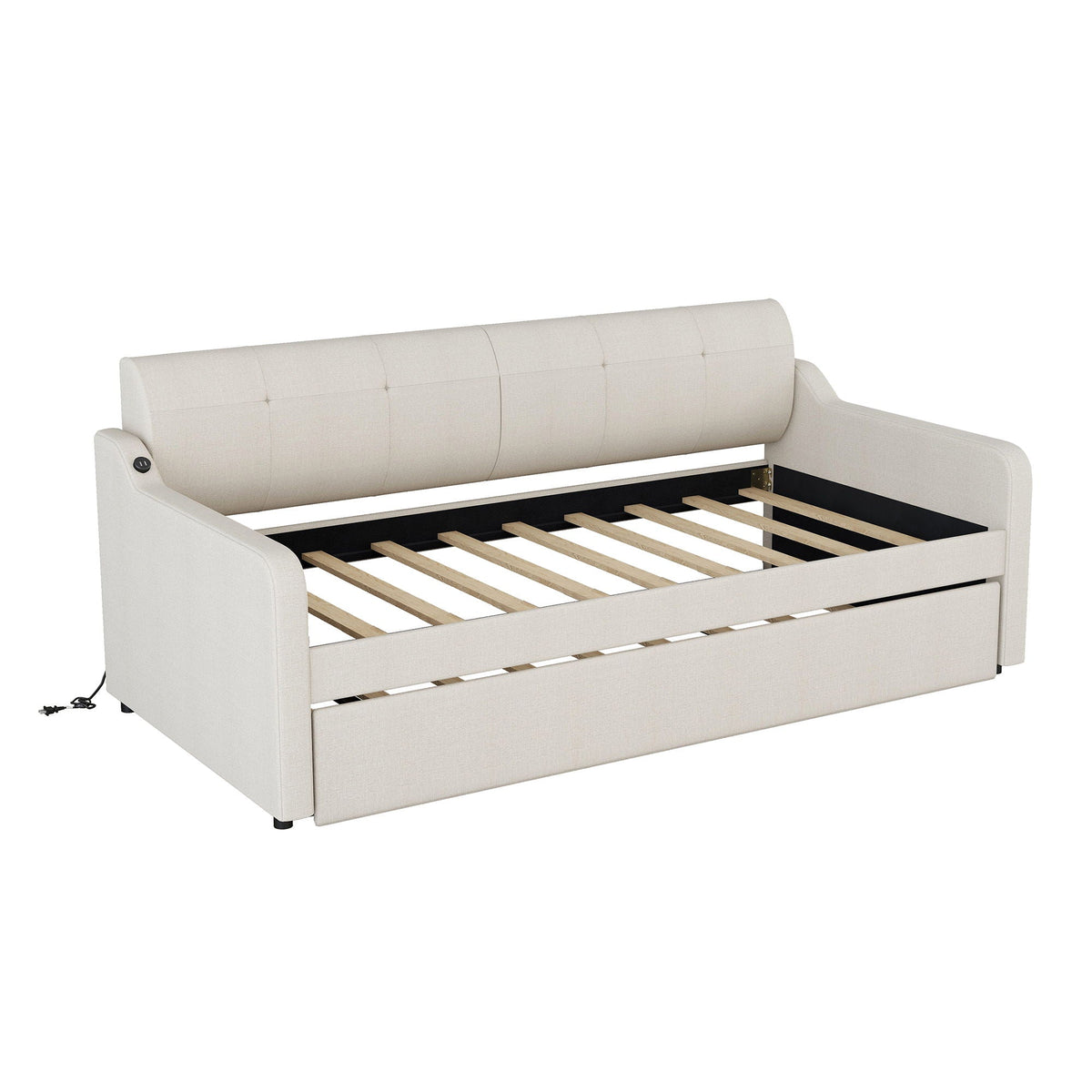 Upholstered Daybed With Trundle in light beige fabric with USB charging, HouseOfZazla on Tampa Home & Garden Store