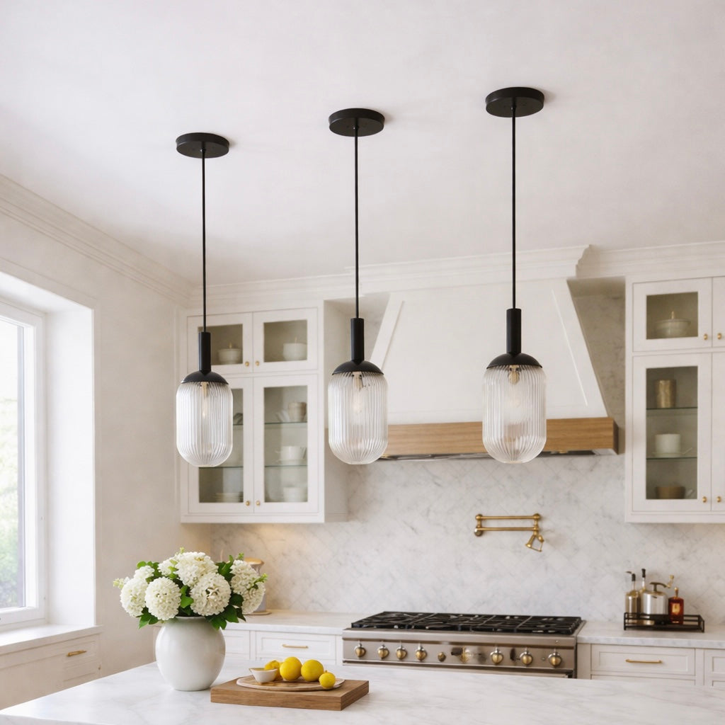 Giza Pendant Lamp by HouseOfZazla; trio clear ribbed glass pendants with black cords on Tampa Home & Garden Store