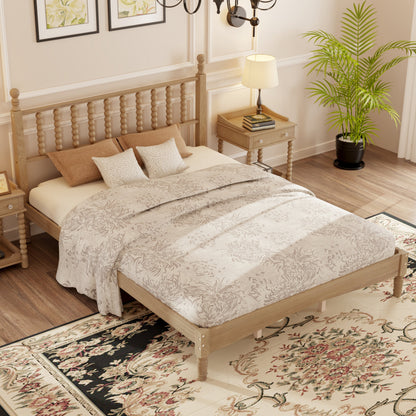 Queen size wooden platform bed with gourd-shaped headboard in natural wood by HouseOfZazla on Tampa Home & Garden Store