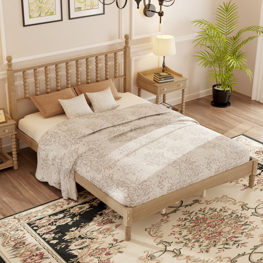 Queen size wooden platform bed with gourd-shaped headboard in natural wood by HouseOfZazla on Tampa Home & Garden Store