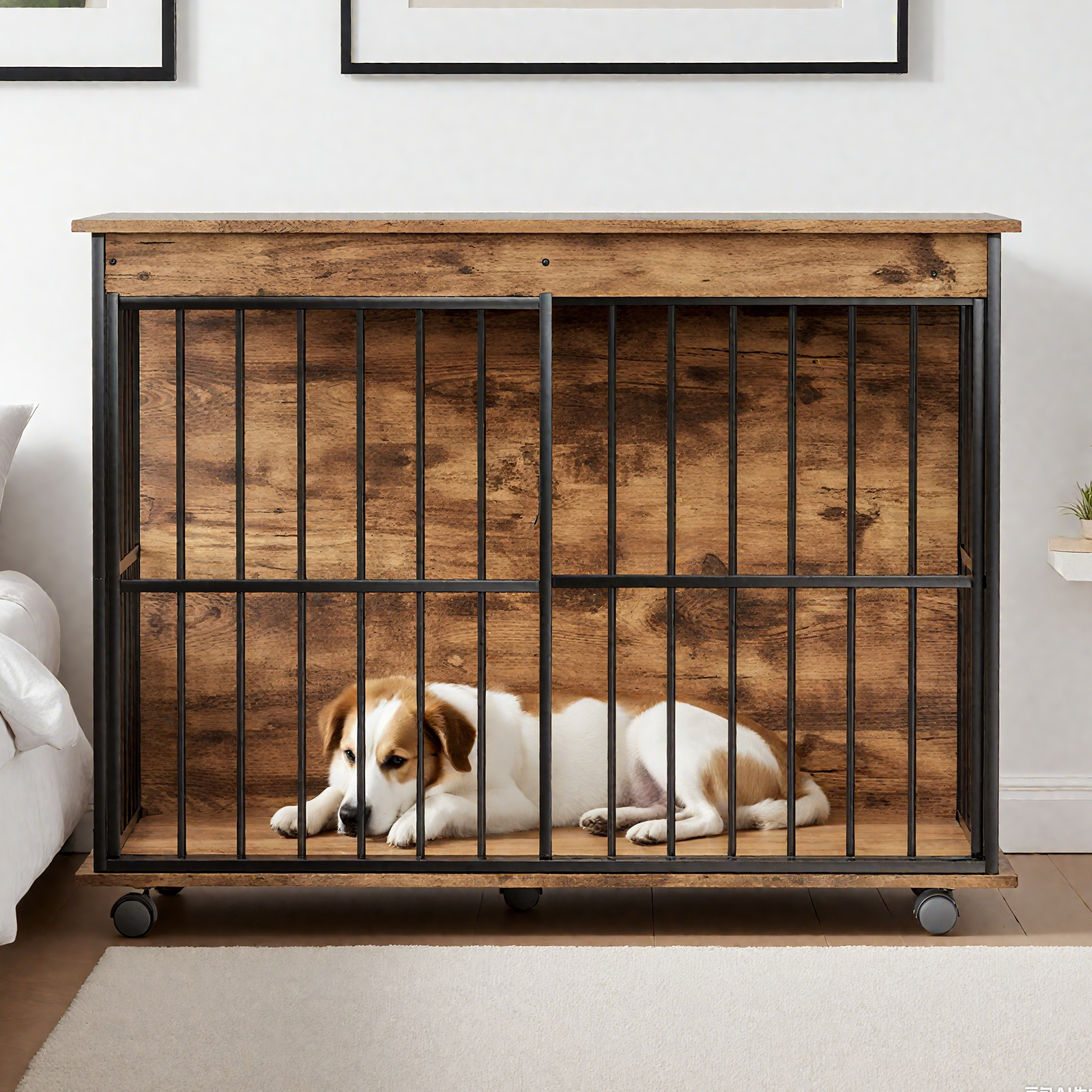 Large Wooden Dog Crate Furniture with black metal bars, dog resting inside on caster wheels on Tampa Home & Garden Store