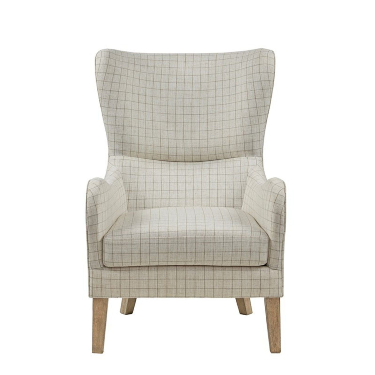 Arianna swoop wing chair in beige grid fabric with foam and wooden legs by HouseOfZazla on Tampa Home & Garden Store