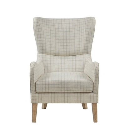 Arianna swoop wing chair in beige grid fabric with foam and wooden legs by HouseOfZazla on Tampa Home & Garden Store