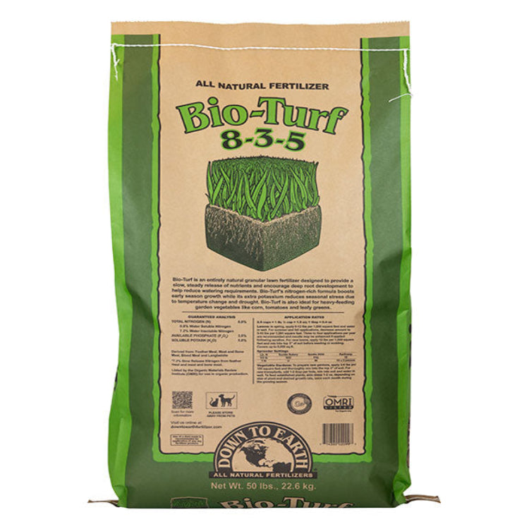 Bio-Turf 8-3-5 fertilizer bag by Rivendell Distribution, 50 lb, green-tan packaging on Tampa Home & Garden Store