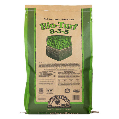 Bio-Turf 8-3-5 fertilizer bag by Rivendell Distribution, 50 lb, green-tan packaging on Tampa Home & Garden Store