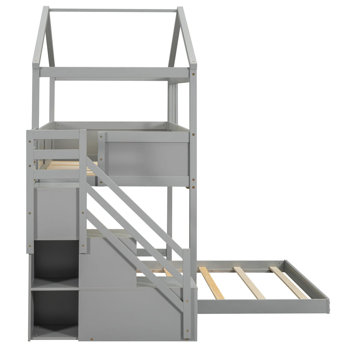 House Style bunk bed with storage staircase in gray by HouseOfZazla; lower bunk storage on Tampa Home & Garden Store