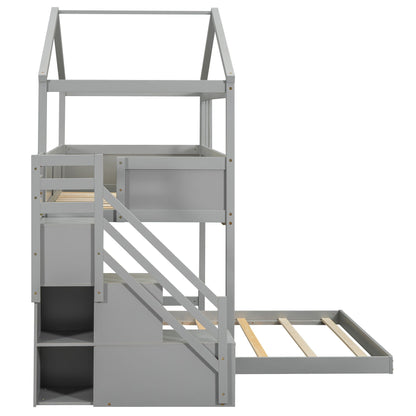 House Style bunk bed with storage staircase in gray by HouseOfZazla; lower bunk storage on Tampa Home & Garden Store