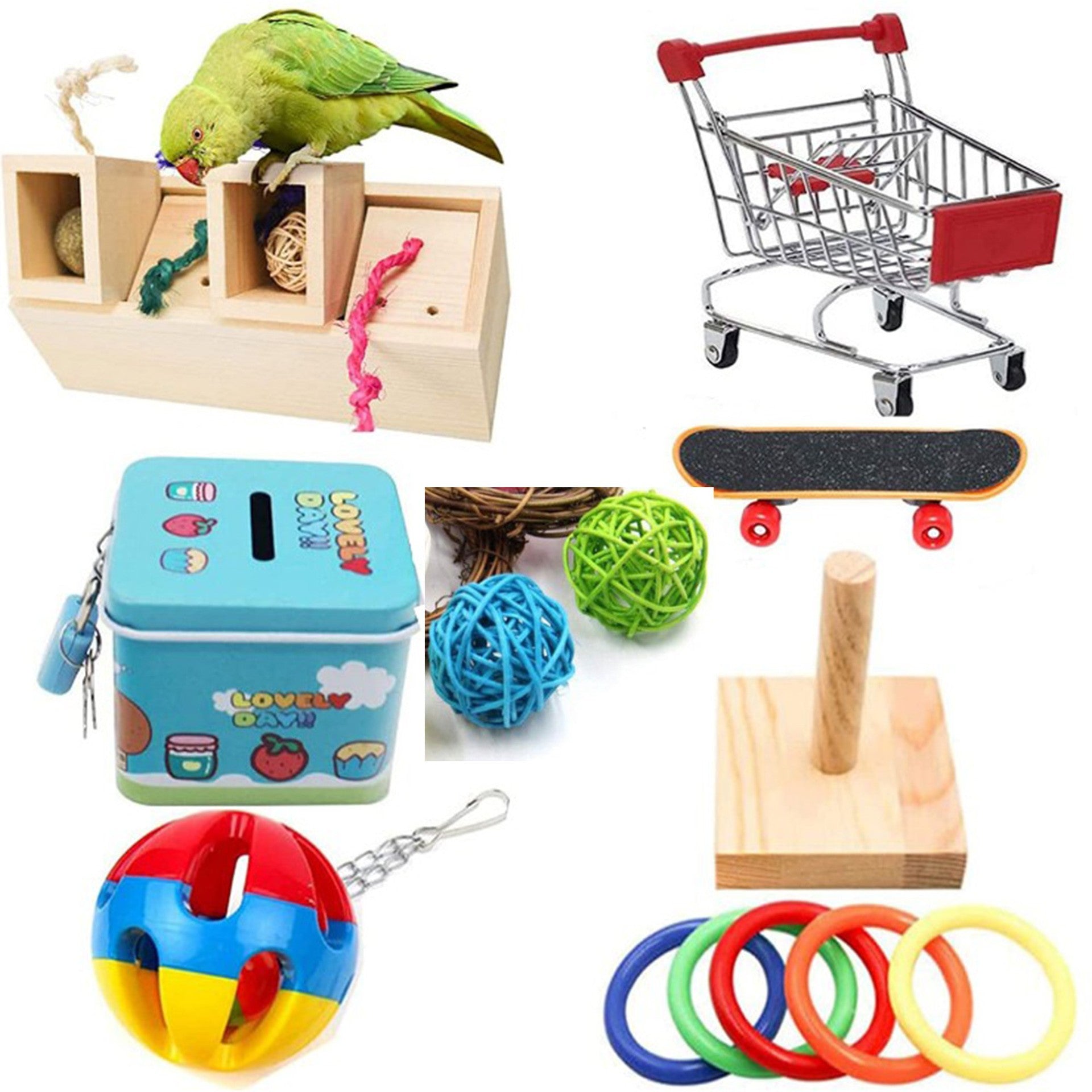 Parrot puzzle training toy set with wooden cube blocks, rope toys, and colorful rings on Tampa Home & Garden Store