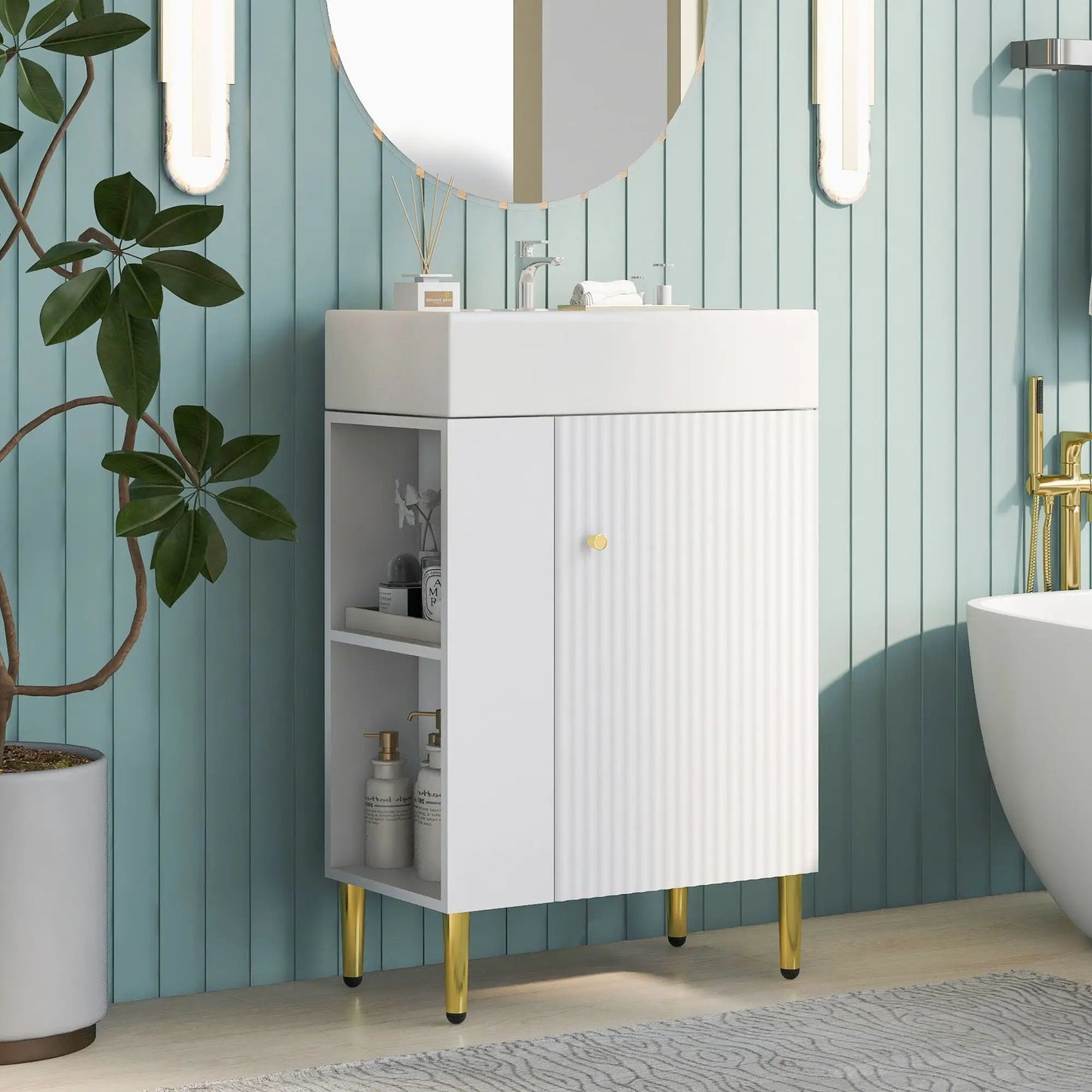 Bathroom vanity with single ceramic sink, white cabinet, ribbed drawer, gold legs on Tampa Home & Garden Store