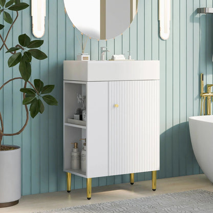 Bathroom vanity with single ceramic sink, white cabinet, ribbed drawer, gold legs on Tampa Home & Garden Store