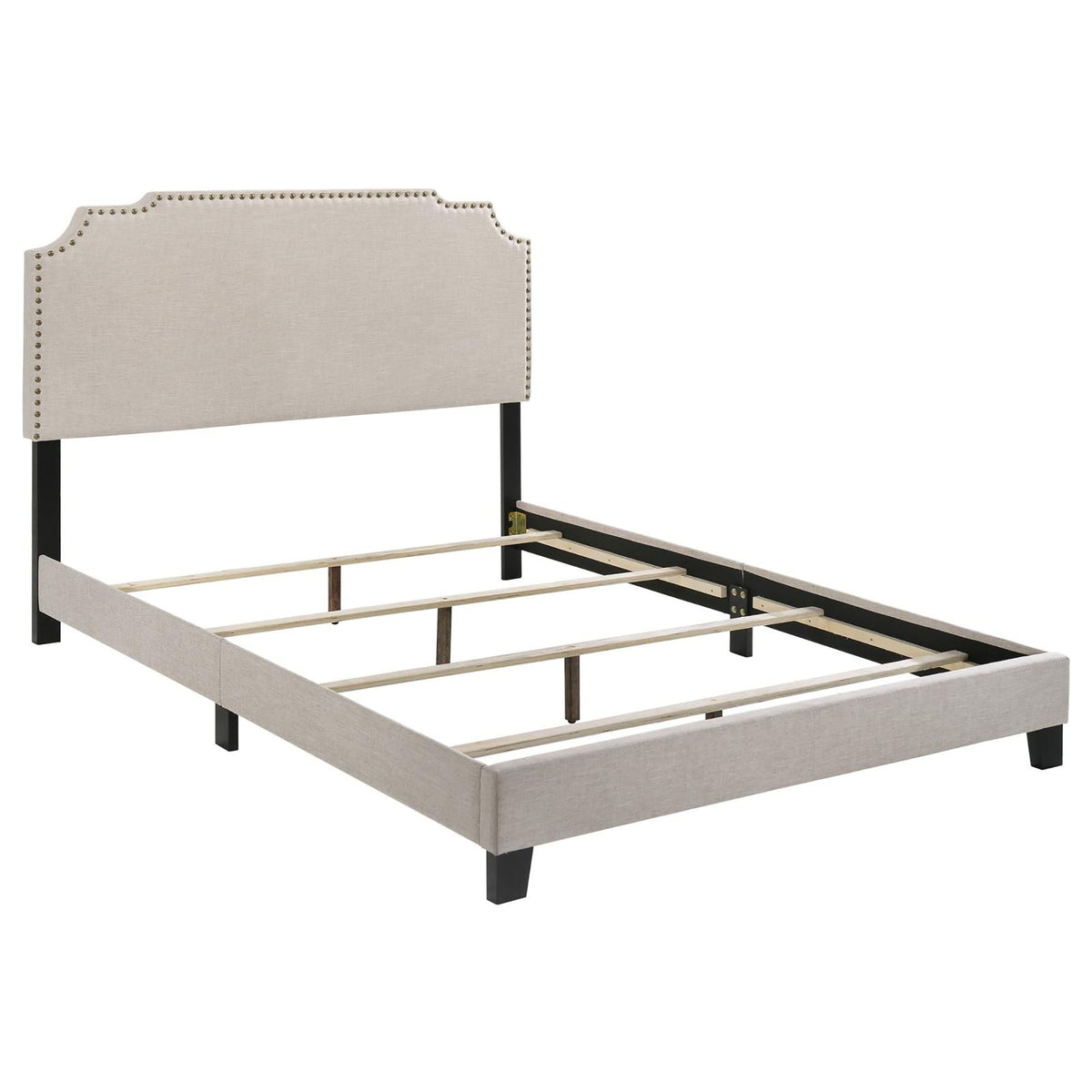 Panel bed with nailhead-trim upholstered headboard beige fabric, black legs, slat platform frame on Tampa Home & Garden Store