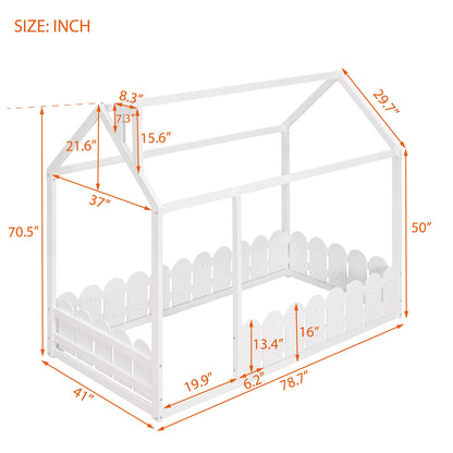 {Slats are not included}Twin Size Wood Bed House Bed Frame with Fence for KidsTeens Girls Boys {White}